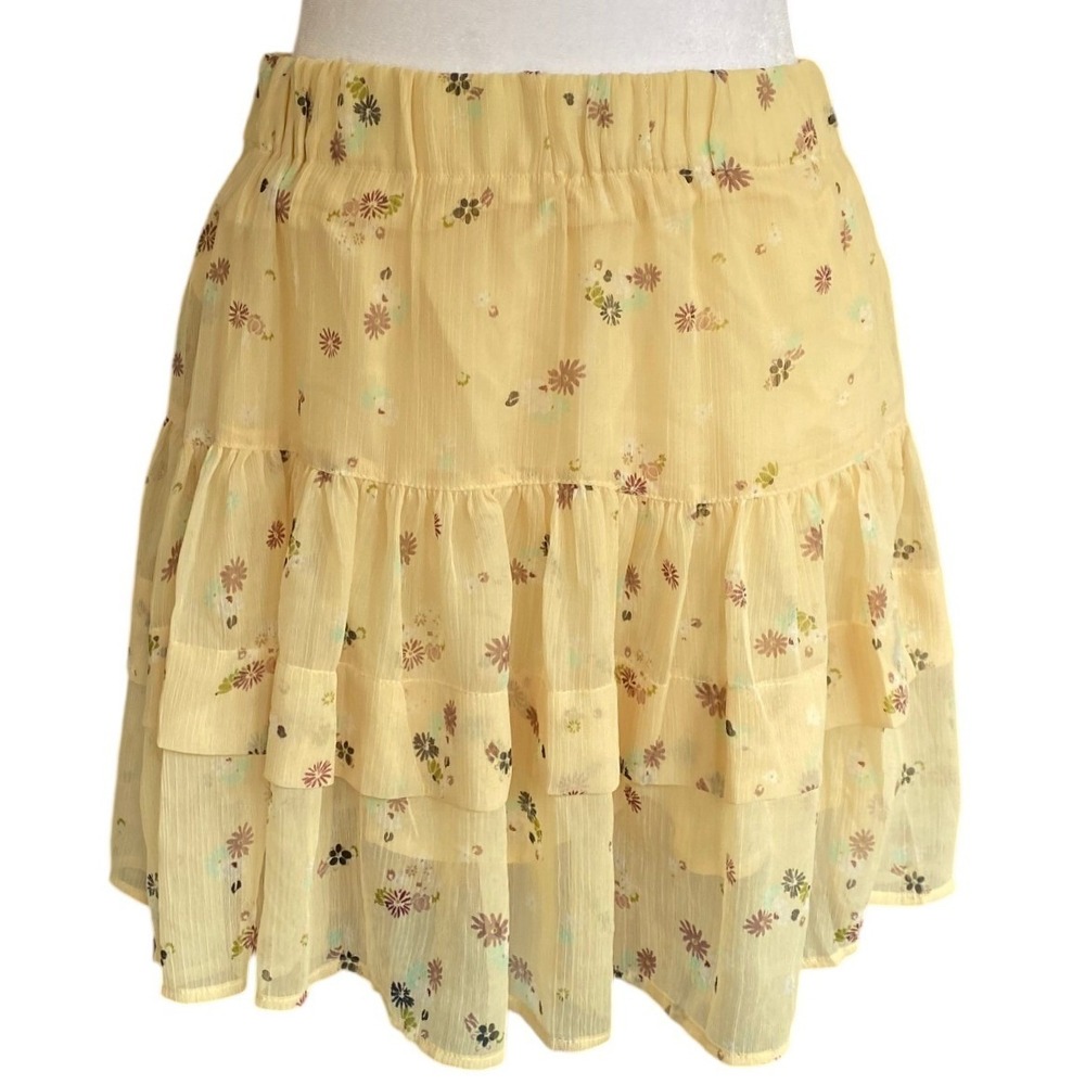 Free People Butter Yellow Floral Chiffon Tiered‎ Ruffle Mini Skirt Small Femme